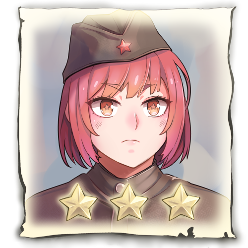 +_+ 1girl bangs brown_headwear closed_mouth company_of_heroes hair_between_eyes hat lowres military military_hat military_jacket military_uniform original red_eyes redhead solo soviet soviet_army star_(symbol) thick_eyebrows uniform v-shaped_eyebrows world_war_ii zhainan_s-jun