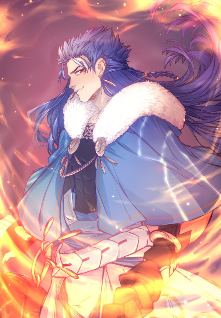 1boy abs belt blue_hair bracelet braid capelet cu_chulainn_(caster)_(fate) cu_chulainn_(fate)_(all) earrings english_commentary fate/grand_order fate_(series) fire floating_hair fur-trimmed_hood fur_trim grin holding holding_staff hood hood_down hooded_capelet jewelry long_hair looking_at_viewer male_focus multiple_earrings muscular muscular_male nikainfinity red_eyes skin_tight smile solo staff wooden_staff