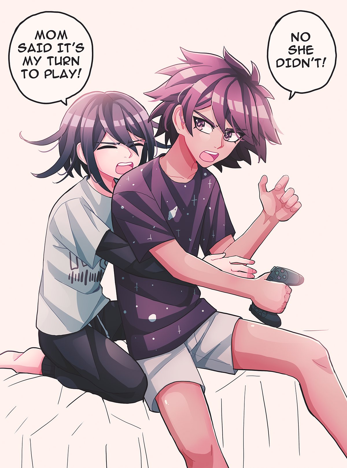 2boys alternate_costume alternate_hairstyle bangs black_hair cheer_(cheerkitty14) collarbone controller dangan_ronpa_(series) dangan_ronpa_v3:_killing_harmony english_commentary english_text feet_out_of_frame glasses grey_shirt grey_shorts highres holding holding_controller layered_sleeves long_sleeves male_focus momota_kaito multiple_boys open_mouth ouma_kokichi pants playstation_controller purple_hair purple_shirt shiny shiny_hair shirt short_over_long_sleeves short_sleeves shorts sitting space_print spiky_hair starry_sky_print t-shirt what_if younger