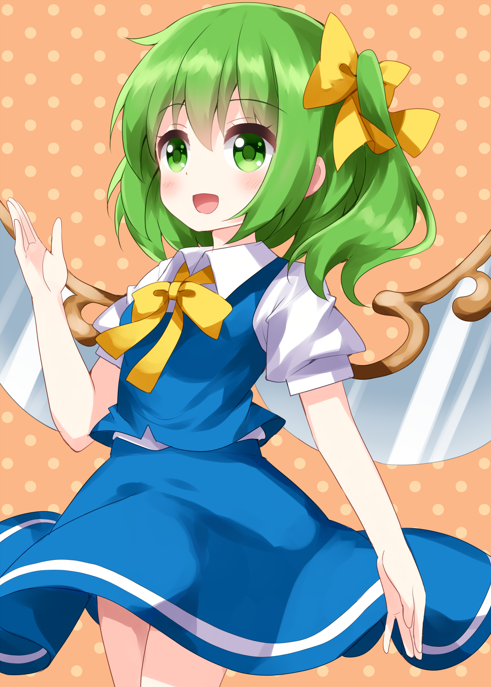 1girl bangs blue_skirt blue_vest bow breasts collar daiyousei eyebrows_visible_through_hair fairy_wings green_eyes green_hair hair_between_eyes hair_bow hand_up highres looking_up medium_breasts open_mouth orange_background puffy_short_sleeves puffy_sleeves ruu_(tksymkw) shirt short_hair short_sleeves skirt smile solo touhou vest white_shirt white_sleeves wings yellow_bow yellow_neckwear
