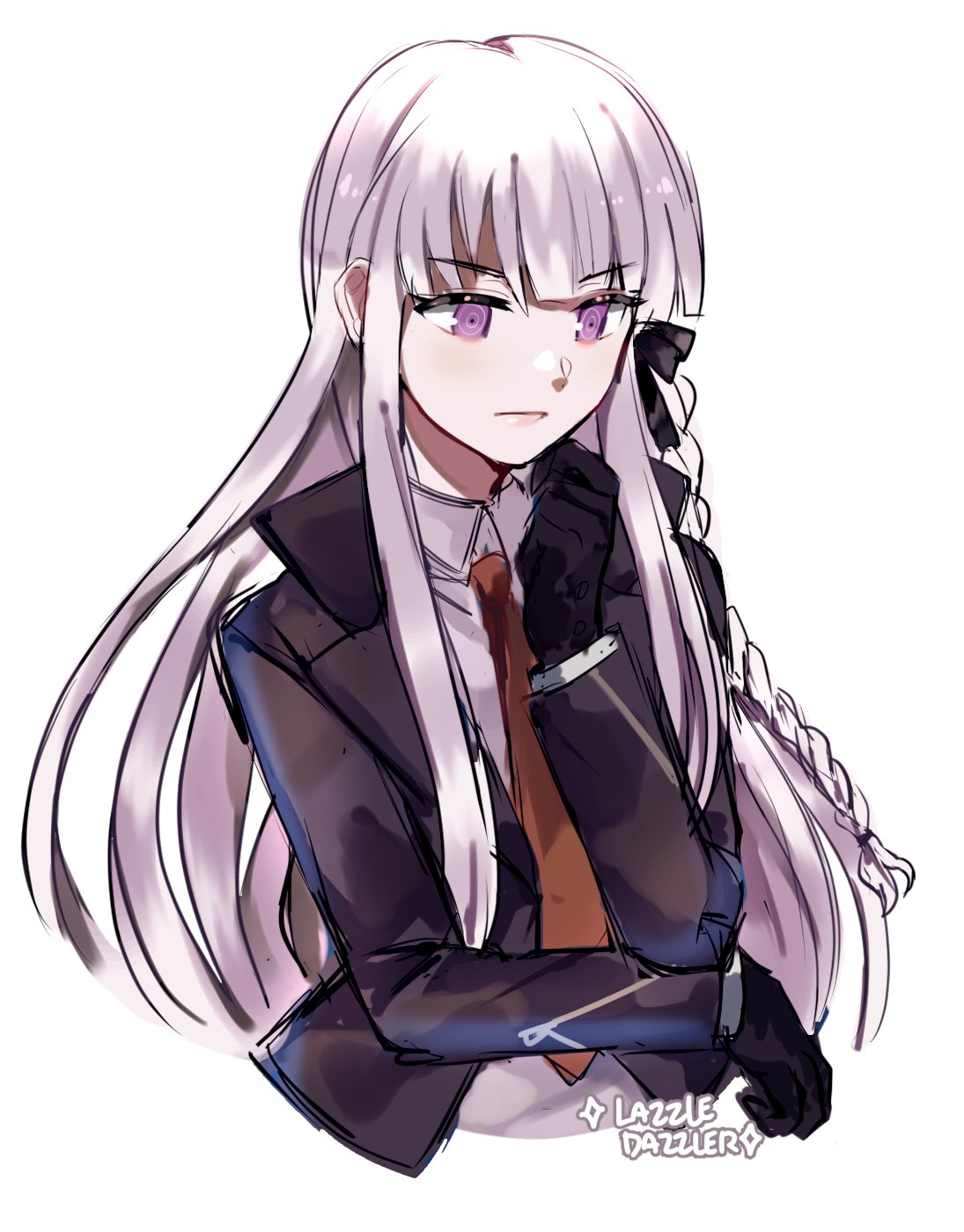 1girl artist_name bangs black_gloves black_jacket black_ribbon blunt_bangs braid collared_shirt commission dangan_ronpa:_trigger_happy_havoc dangan_ronpa_(series) english_commentary gloves hair_ribbon highres jacket kirigiri_kyouko long_hair long_sleeves looking_down necktie open_clothes open_jacket pomme_(lazzledazzle) ribbon second-party_source shirt side_braid silver_hair simple_background single_braid solo thinking upper_body violet_eyes white_background