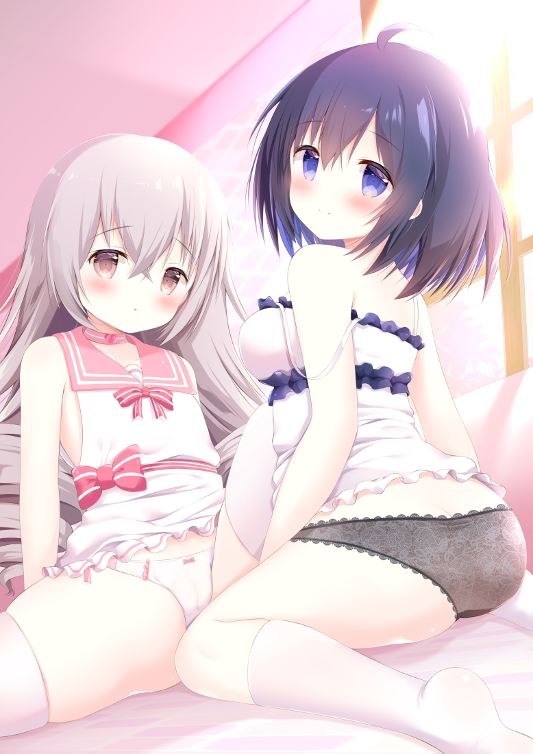 2girls ahoge ass bangs bare_shoulders bed_sheet black_hair black_panties blue_eyes blue_hair blush bow bow_panties breasts bronya_zaychik brown_eyes camisole closed_mouth commentary english_commentary engrish_commentary eyebrows_visible_through_hair flat_chest frilled_camisole frilled_shirt frills grey_hair hair_between_eyes honkai_(series) honkai_impact_3rd indoors long_hair looking_at_viewer looking_back medium_breasts multicolored_hair multiple_girls no_shoes panties red_bow renew_vivi ringlets seele_vollerei shirt sitting sleeveless sleeveless_shirt smile socks soles striped striped_bow thigh-highs two-tone_hair underwear very_long_hair wariza white_camisole white_legwear white_panties white_shirt window