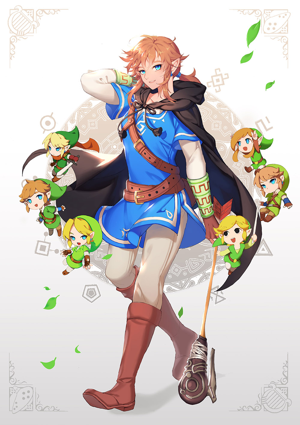 6+boys alternate_costume arrow_(projectile) belt blonde_hair blue_eyes blue_shirt boots brown_hair chibi cloak green_headwear green_tunic harp highres hyrule_warriors instrument leaf link looking_at_viewer multiple_boys muse_(rainforest) ocarina pointy_ears ponytail red_scarf scarf shirt sidelocks the_legend_of_zelda the_legend_of_zelda:_breath_of_the_wild the_legend_of_zelda:_ocarina_of_time the_legend_of_zelda:_skyward_sword the_legend_of_zelda:_the_wind_waker the_legend_of_zelda:_twilight_princess
