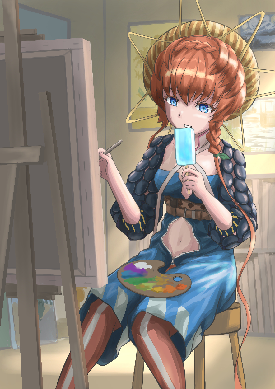 1girl bangs blue_eyes blue_overalls braid breasts canvas_(object) center_opening crown_braid easel fate/grand_order fate_(series) food hat highres ksfactory long_hair navel orange_hair overall_shorts overalls paintbrush popsicle puffy_sleeves side_braid sitting small_breasts solo straw_hat van_gogh_(fate) yellow_headwear