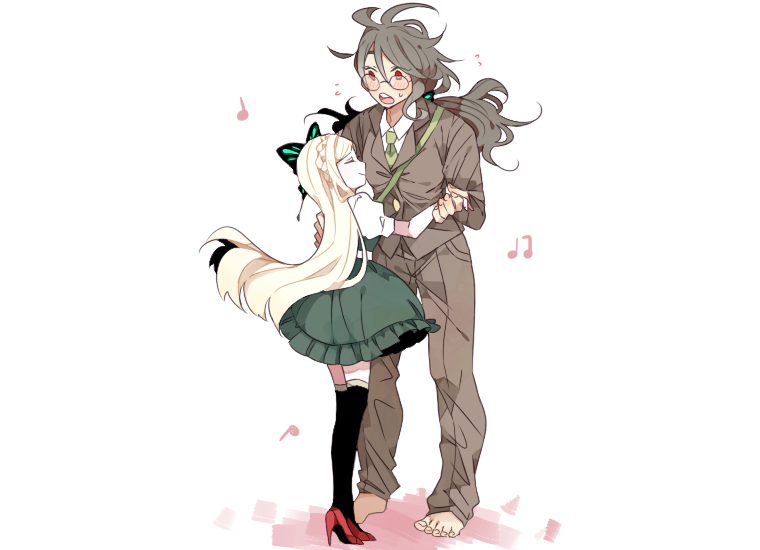 1boy 1girl bangs barefoot black_dress black_legwear blonde_hair braid brown_hair brown_jacket brown_pants butterfly_hair_ornament closed_eyes collared_shirt dancing dangan_ronpa_(series) dangan_ronpa_2:_goodbye_despair dangan_ronpa_v3:_killing_harmony dark-skinned_male dark_skin dress from_behind full_body glasses gokuhara_gonta green_neckwear hair_ornament height_difference high_heels holding_hands jacket jian_jing long_hair long_sleeves necktie open_mouth pants ponytail school_uniform shirt smile sonia_nevermind standing thigh-highs