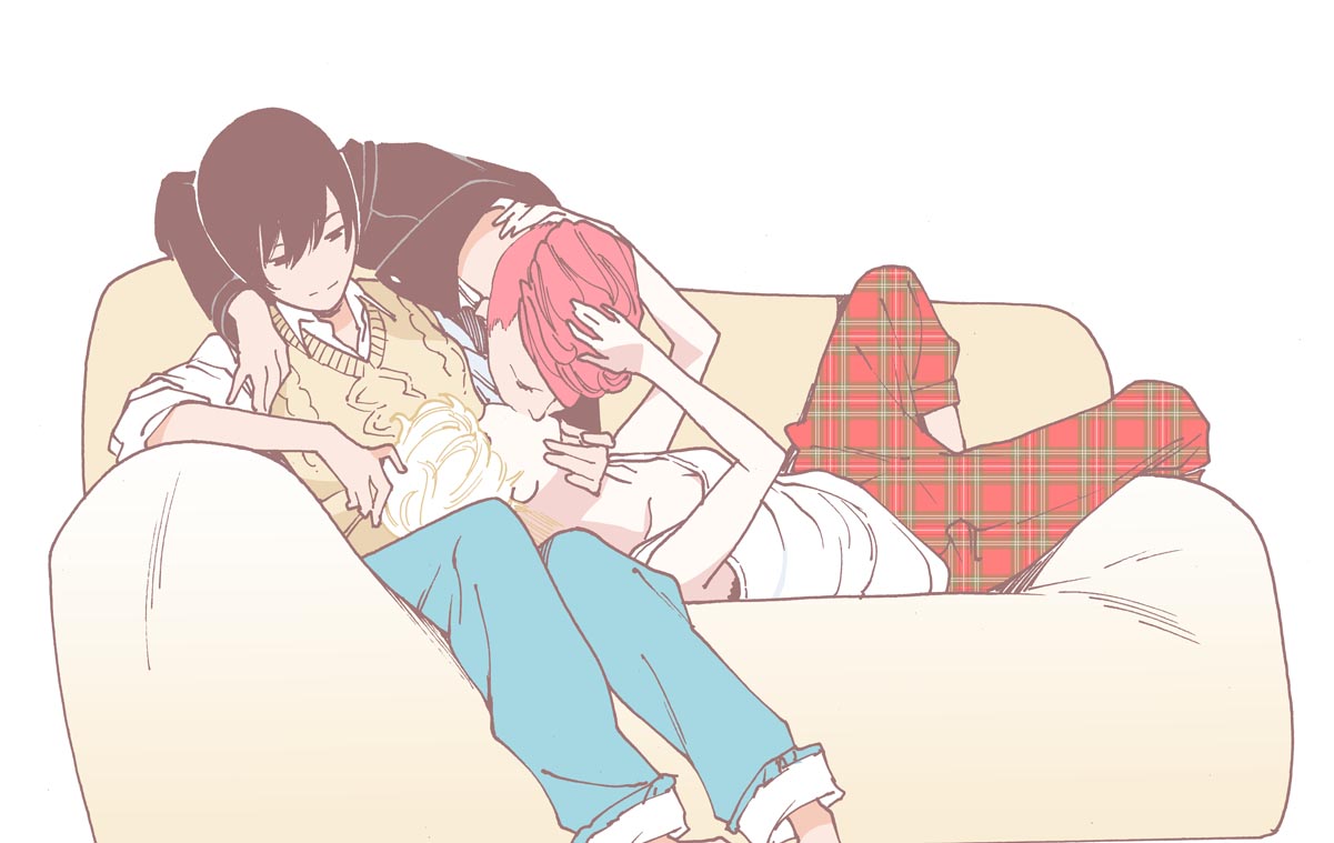 3girls black_hair blonde_hair commentary_request couch jacket kishi_torajirou kiss lap_pillow leather leather_jacket looking_at_another lying multiple_girls on_back on_couch original pants plaid plaid_pants polyamory redhead short_hair sitting tomboy yuri