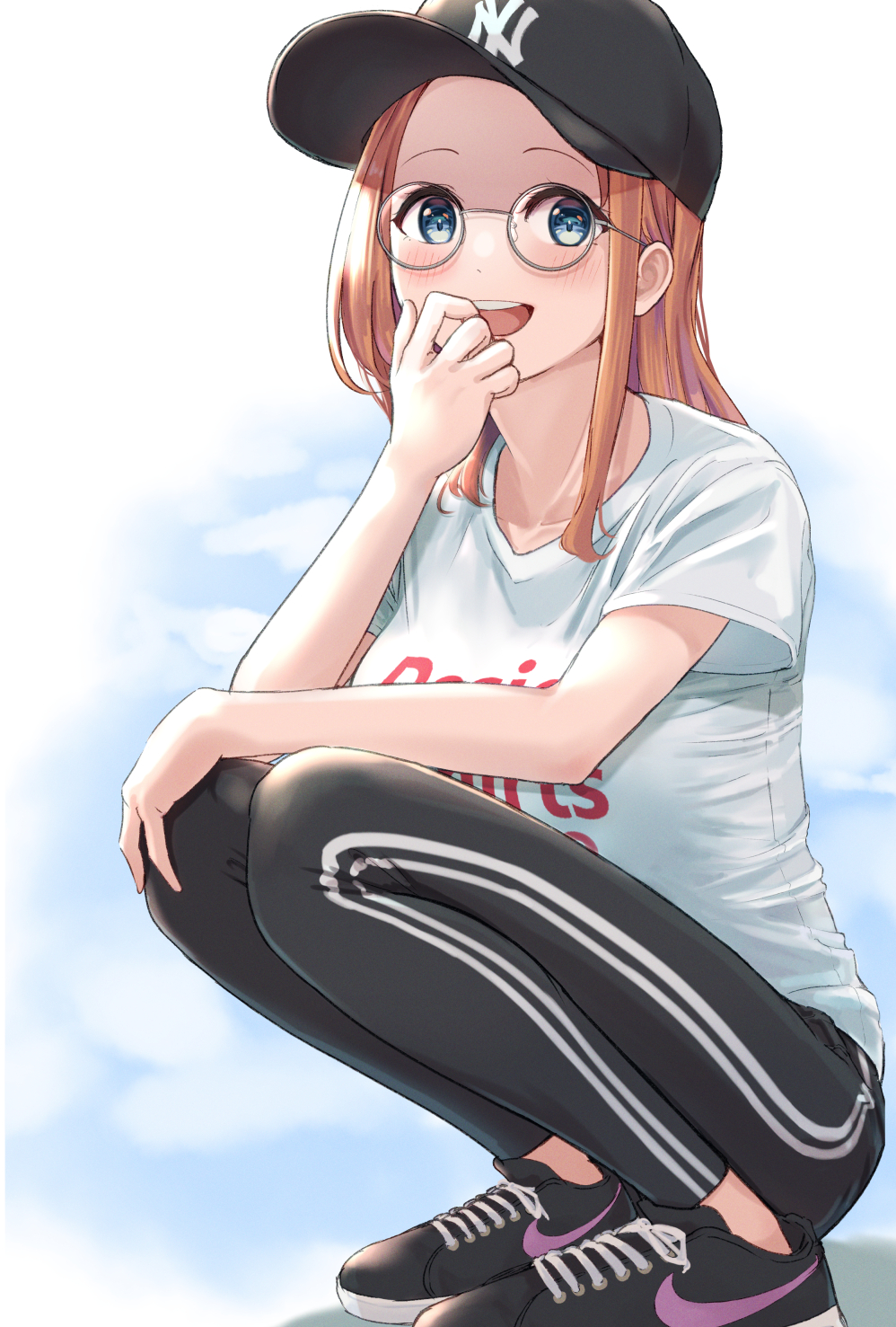1girl baseball_cap black_footwear black_pants blue_eyes blush clothes_writing commentary_request finger_in_mouth from_side glasses hat highres new_york_yankees nike open_mouth orange_hair original pants round_eyewear shirt shoes sneakers solo squatting t-shirt track_pants yukimaru_ai