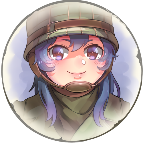 1girl bangs border brown_eyes closed_mouth company_of_heroes hair_between_eyes hat helmet long_hair lowres military military_hat military_jacket military_uniform original portrait purple_hair smile solo thick_eyebrows uniform united_states_army zhainan_s-jun