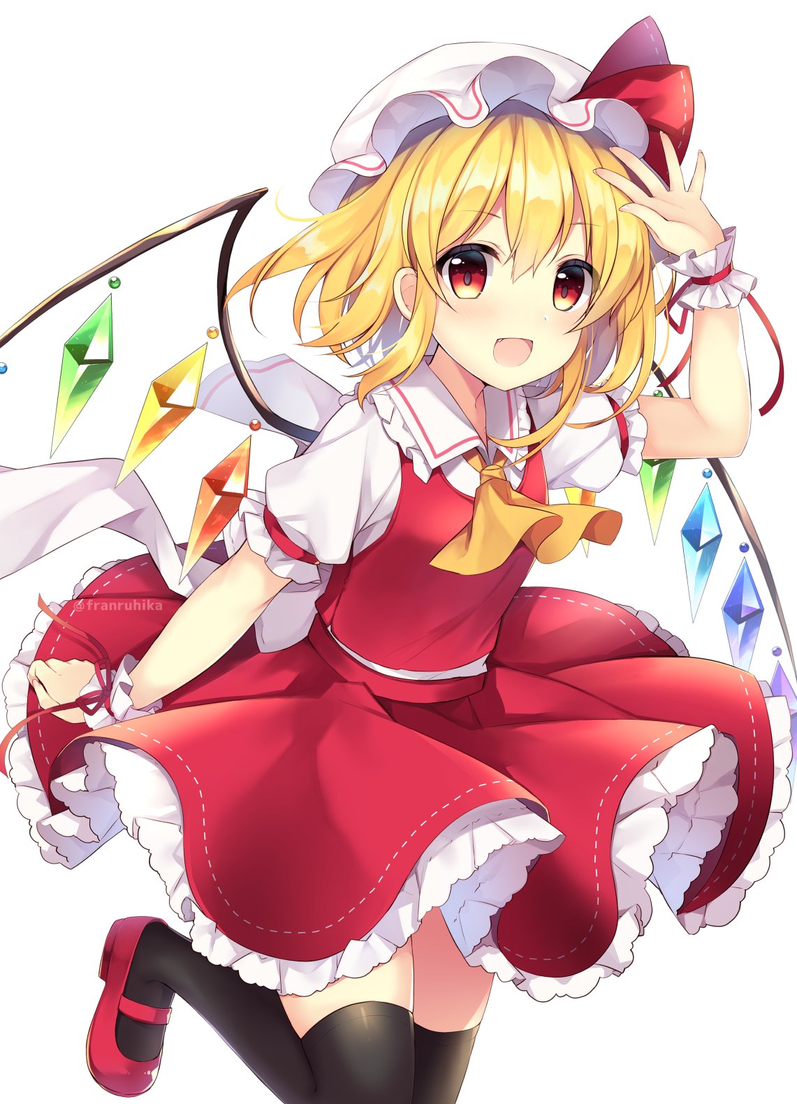 1girl arm_up artist_name bangs black_legwear blonde_hair bow breasts collar crystal eyebrows_visible_through_hair eyes_visible_through_hair flandre_scarlet frills hair_between_eyes hand_up hat hat_ribbon highres jumping looking_at_viewer medium_breasts mob_cap multicolored multicolored_wings one_side_up open_mouth puffy_short_sleeves puffy_sleeves red_bow red_footwear red_ribbon red_skirt red_vest ribbon ruhika shirt shoes short_hair short_sleeves simple_background skirt smile solo thigh-highs touhou twitter_username vest white_background white_bow white_headwear white_shirt wings wrist_cuffs yellow_neckwear