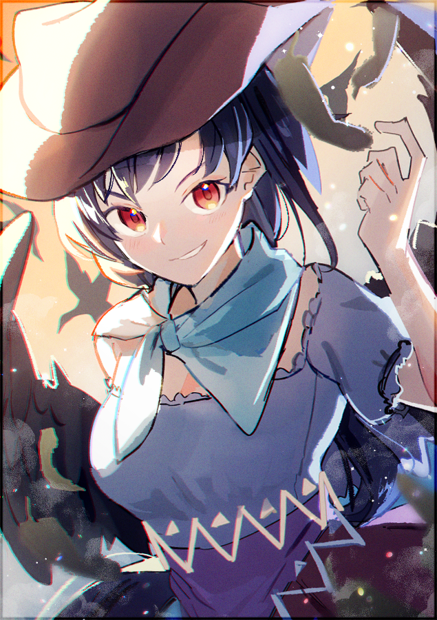 1girl bangs bare_shoulders bird black_hair blue_dress blue_neckwear blue_scarf breasts brown_dress brown_headwear closed_mouth cowboy_hat dress eyebrows_visible_through_hair feathers gradient gradient_background gradient_sky grey_sky hair_between_eyes hand_up hat holding kurokoma_saki light long_hair looking_at_viewer medium_breasts multicolored multicolored_clothes multicolored_dress off_shoulder one-hour_drawing_challenge orange_sky pink_dress ponytail red_eyes saidasai scarf shadow short_sleeves sky smile solo standing teeth touhou wings