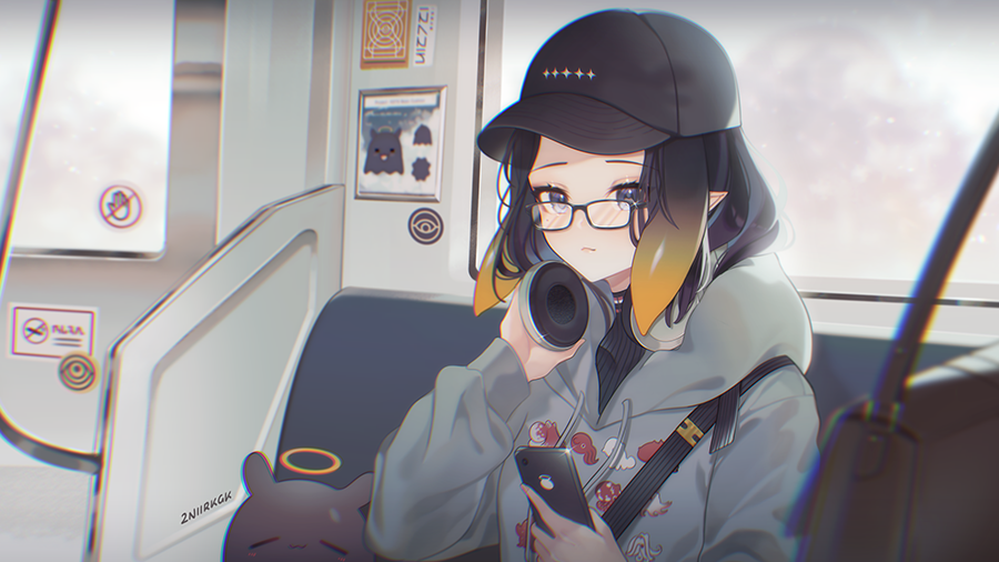 1girl 2nii adjusting_headphones alternate_costume alternate_hairstyle artist_name baseball_cap black-framed_eyewear black_hair black_headwear black_shirt blush breasts cellphone closed_mouth commentary eyelashes glasses glint gradient_hair grey_hoodie halo hat headphones headphones_around_neck holding holding_phone hololive hololive_english hood hoodie looking_at_viewer medium_hair mole mole_under_eye multicolored_hair ninomae_ina'nis no_smoking orange_hair phone pointy_ears ribbed_shirt shirt signature sitting small_breasts smartphone solo strap symbol-only_commentary tako_(ninomae_ina'nis) tentacle_hair train_interior turtleneck two-tone_hair upper_body violet_eyes virtual_youtuber