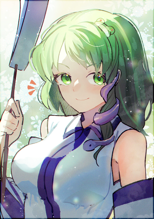 1girl bangs bare_shoulders breasts closed_mouth detached_sleeves eyebrows_visible_through_hair floral_background flower frog_hair_ornament gohei green_background green_eyes green_hair hair_ornament hair_tubes hand_up kochiya_sanae light long_sleeves looking_at_viewer medium_breasts one-hour_drawing_challenge saidasai shadow shirt short_hair sleeveless sleeveless_shirt smile snake_hair_ornament solo touhou white_flower white_shirt wide_sleeves