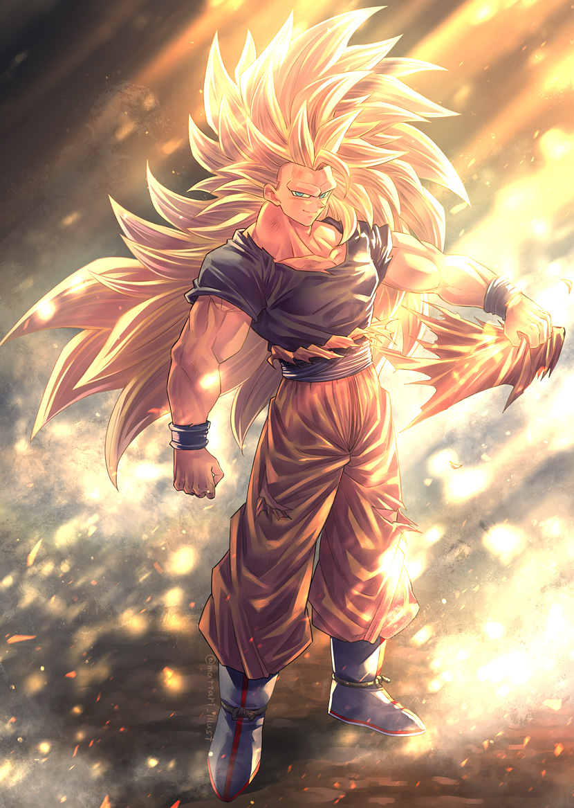 1boy aqua_eyes blue_sash blue_shirt boots clenched_hand closed_mouth dougi dragon_ball dragon_ball_z full_body long_hair male_focus mattari_illust muscular muscular_male no_eyebrows sash shirt smile solo son_goku spiky_hair standing super_saiyan super_saiyan_3 torn_clothes very_long_hair