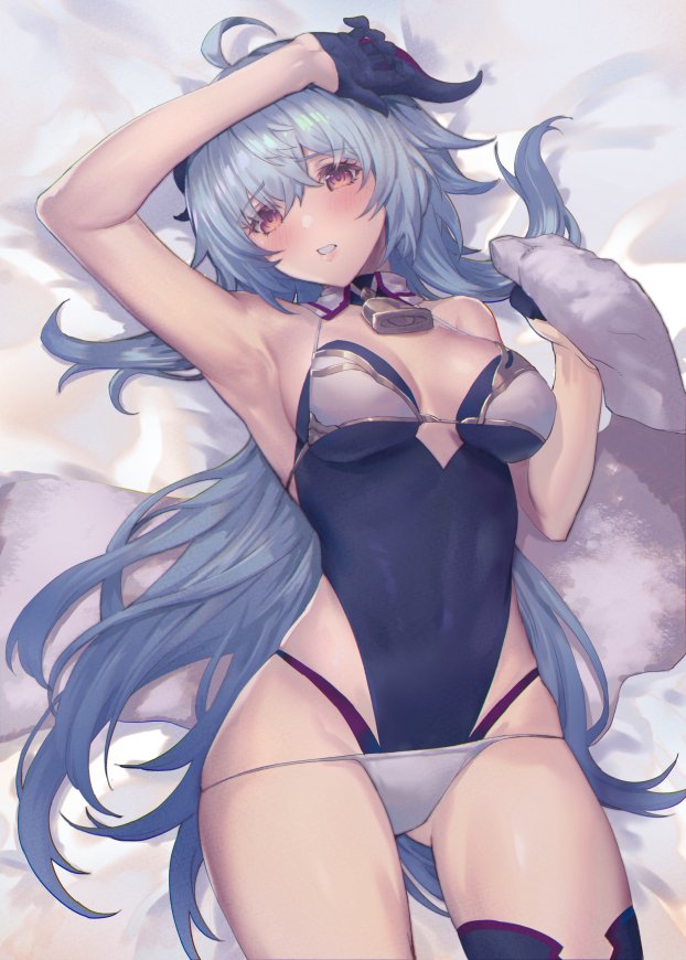 1girl ahoge armpits ass_visible_through_thighs bare_shoulders bell bikini blue_hair breasts commentary_request cowboy_shot detached_collar eyebrows_visible_through_hair ganyu_(genshin_impact) genshin_impact gloves hair_between_eyes horns large_breasts leotard long_hair looking_at_viewer lying neck_bell on_back oukawa_yuu parted_lips sleeveless solo strapless strapless_leotard swimsuit teeth thigh-highs