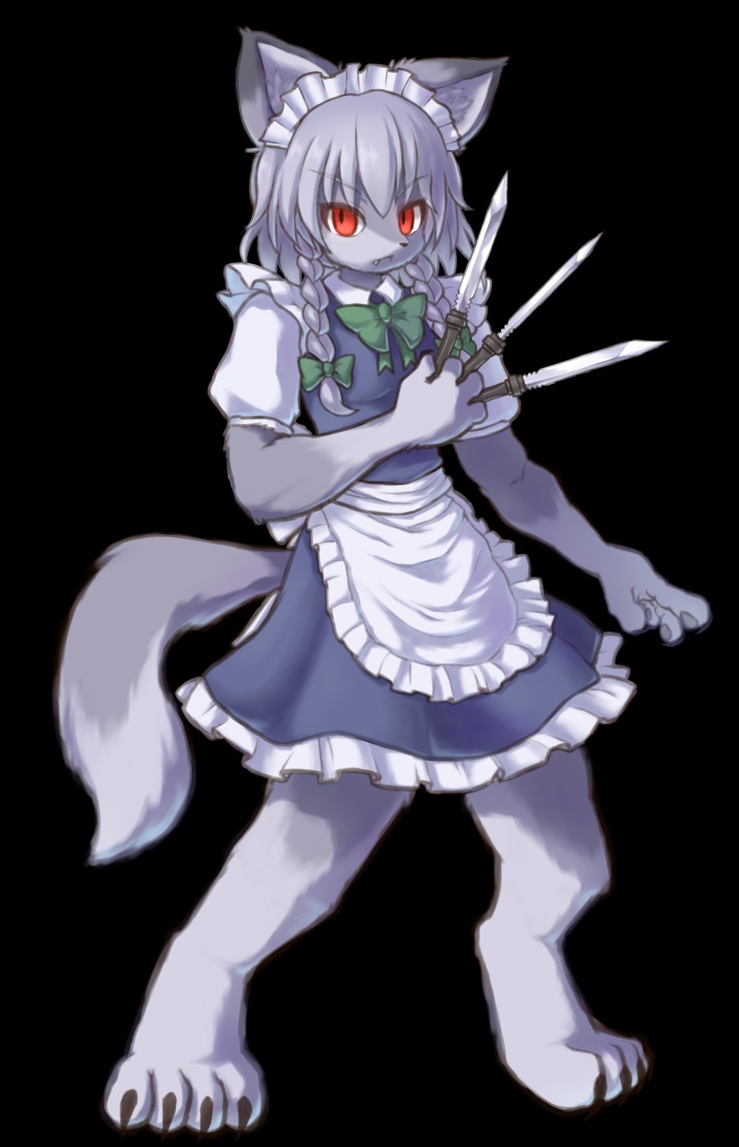 1girl apron bangs barefoot between_fingers black_background blue_dress bow bowtie braid cat closed_mouth commentary_request dress eyebrows_visible_through_hair frilled_apron frilled_dress frills full_body furrification furry furry_female green_bow green_neckwear grey_hair hair_bow highres izayoi_sakuya kitsune_kemono knife long_hair looking_at_viewer maid maid_apron maid_headdress puffy_short_sleeves puffy_sleeves red_eyes shirt short_sleeves simple_background sleeveless sleeveless_dress solo touhou twin_braids white_shirt