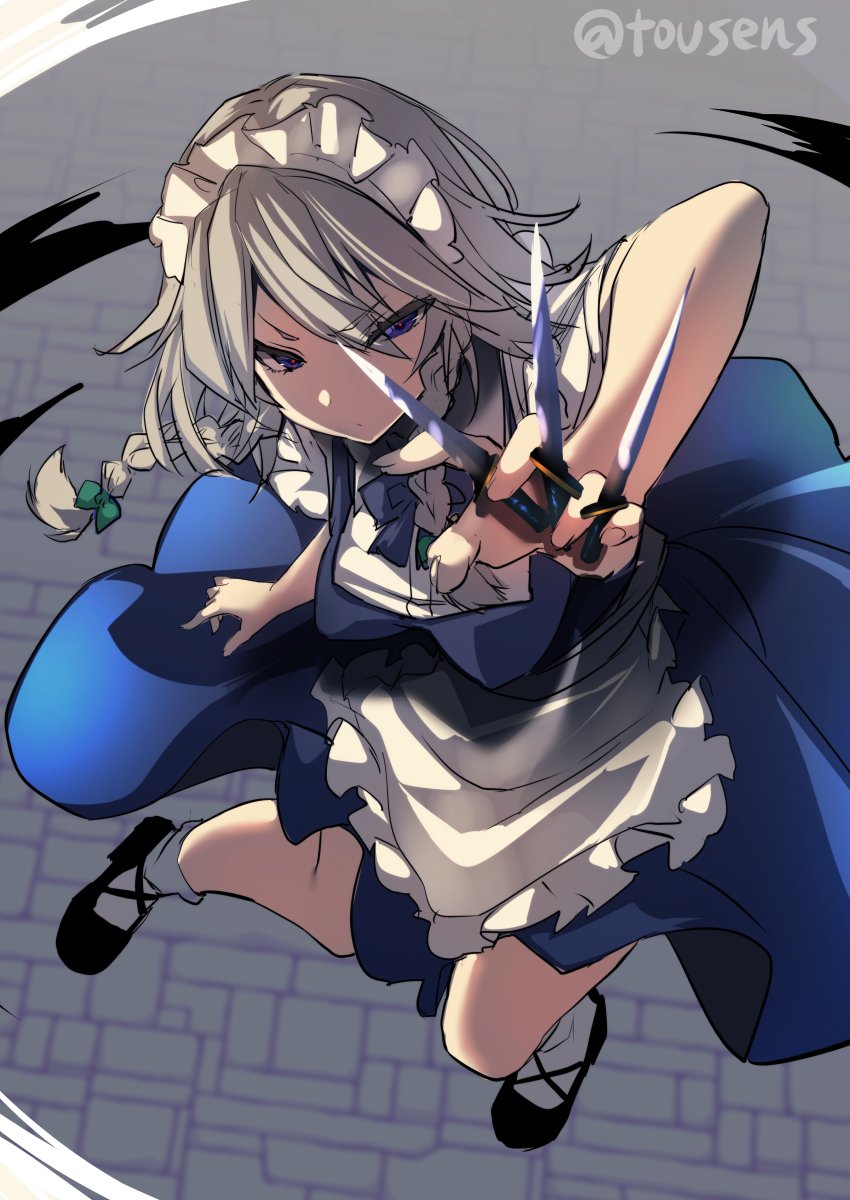 1girl apron bangs between_fingers black_bow black_footwear black_neckwear blue_dress blue_eyes bow bowtie braid closed_mouth dress eyebrows_visible_through_hair from_above full_body green_bow grey_hair hair_bow highres holding holding_knife izayoi_sakuya knife looking_at_viewer maid maid_headdress short_sleeves side_braids solo standing touhou tousen twin_braids twitter_username v-shaped_eyebrows waist_apron white_apron white_legwear