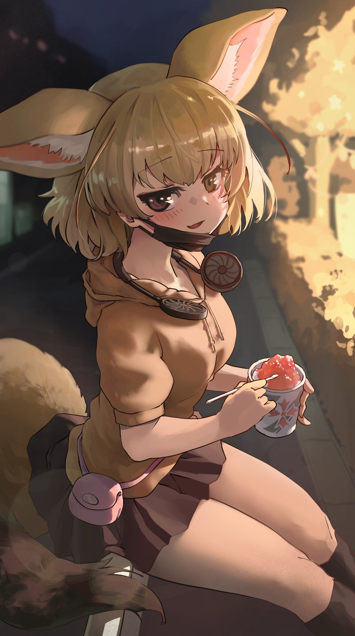 1girl alternate_costume animal_ears black_legwear blonde_hair blush brown_eyes brown_skirt casual commentary_request extra_ears eyebrows_visible_through_hair fennec_(kemono_friends) fox_ears fox_girl fox_tail highres hood hood_down hoodie kemono_friends looking_at_viewer mask melaton mouth_mask pleated_skirt puffy_short_sleeves puffy_sleeves shaved_ice short_hair short_sleeves sitting skirt socks solo surgical_mask tail yellow_hoodie