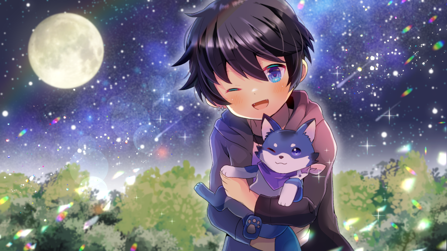 ;d animal_hug bandana bangs black_hair black_jacket blue_eyes blush cat character_request commentary_request earrings eyebrows_visible_through_hair fangs full_moon hair_between_eyes hood hood_down hooded_jacket indie_virtual_youtuber jacket jewelry kou_hiyoyo looking_at_viewer moon night night_sky one_eye_closed open_clothes open_jacket open_mouth outdoors shirt sky smile star_(sky) starry_sky white_shirt