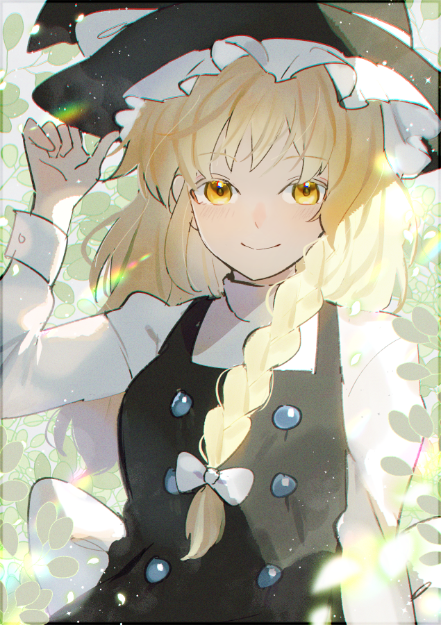 1girl bangs black_dress black_headwear blonde_hair bow braid closed_mouth dress eyebrows_visible_through_hair floral_background flower green_flower hair_bow hand_on_headwear hand_up hat hat_bow kirisame_marisa leaf light long_hair long_sleeves looking_at_viewer one-hour_drawing_challenge saidasai shadow shirt single_braid smile solo touhou white_background white_bow white_shirt witch_hat yellow_eyes