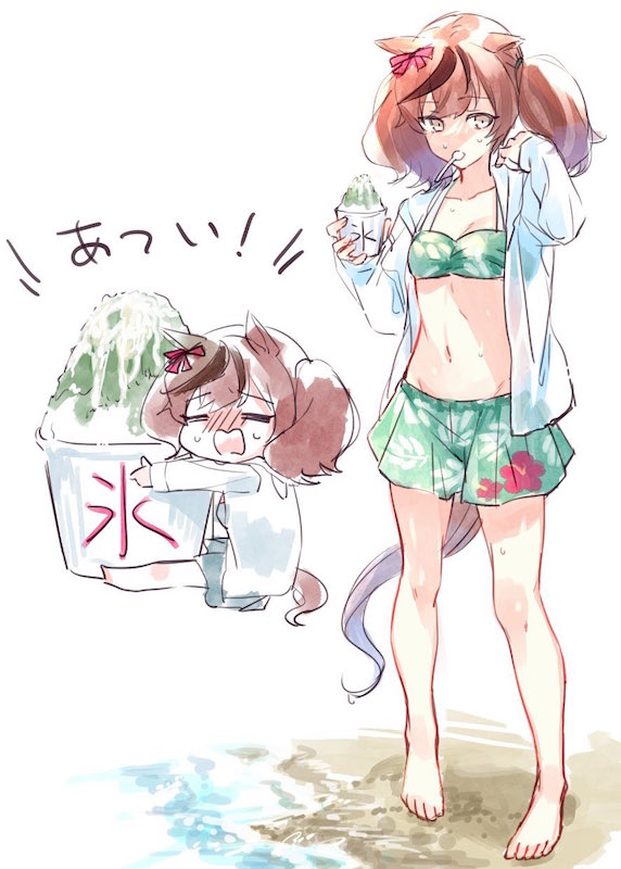 1girl =_= animal_ears bangs beach bikini blush brown_eyes brown_hair chibi closed_eyes closed_mouth cup eyebrows_visible_through_hair floral_print green_bikini green_shorts groin holding holding_cup horse_ears horse_girl horse_tail long_sleeves multicolored_hair multiple_views navel nice_nature_(umamusume) nose_blush open_clothes open_shirt ouri_(aya_pine) sand shaved_ice shirt short_shorts shorts spoon standing streaked_hair sweat swimsuit tail translation_request twintails umamusume utensil_in_mouth water wavy_mouth white_background white_shirt