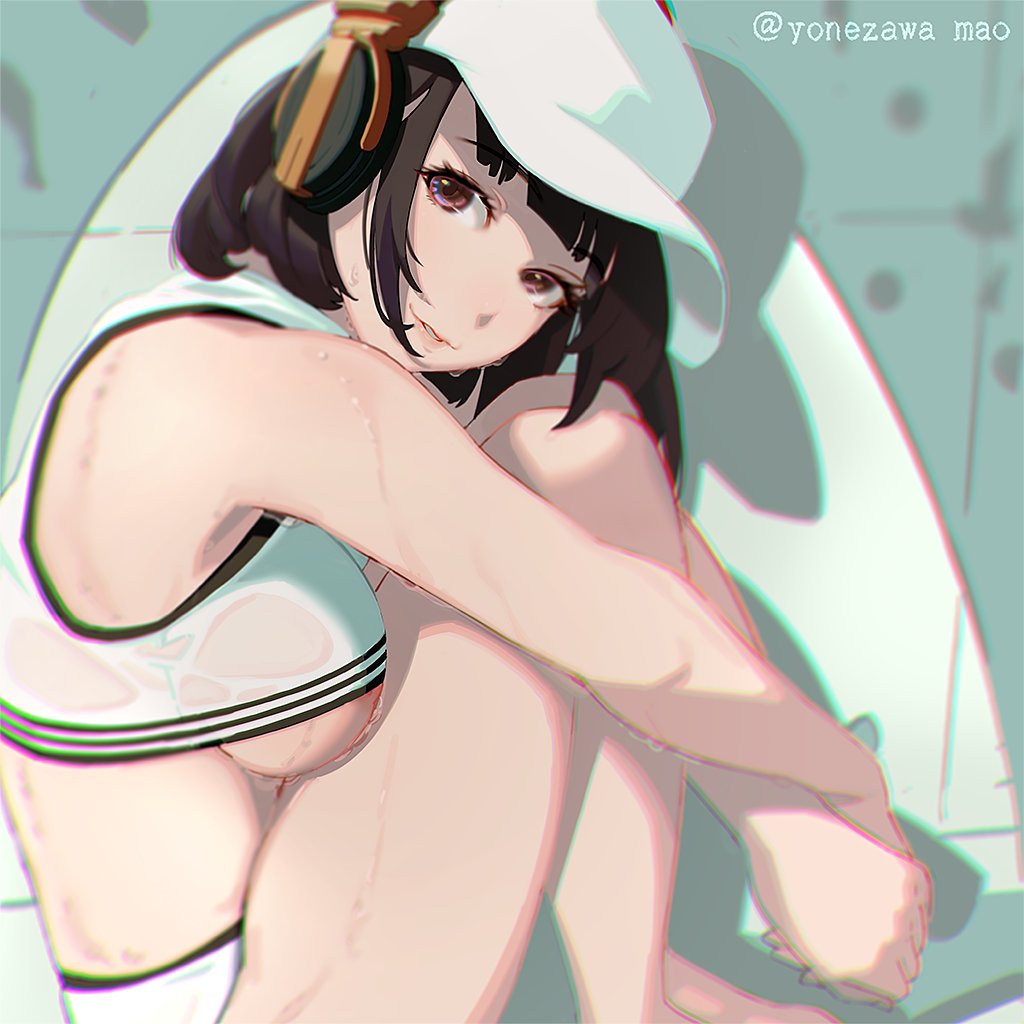 1girl artist_name black_hair breasts crossed_arms hat headphones knees_up looking_at_viewer multicolored multicolored_eyes original sitting smile sports_bra sweat sweaty_clothes turning_head under_boob wall wet wet_clothes white_headwear yonezawa_mao