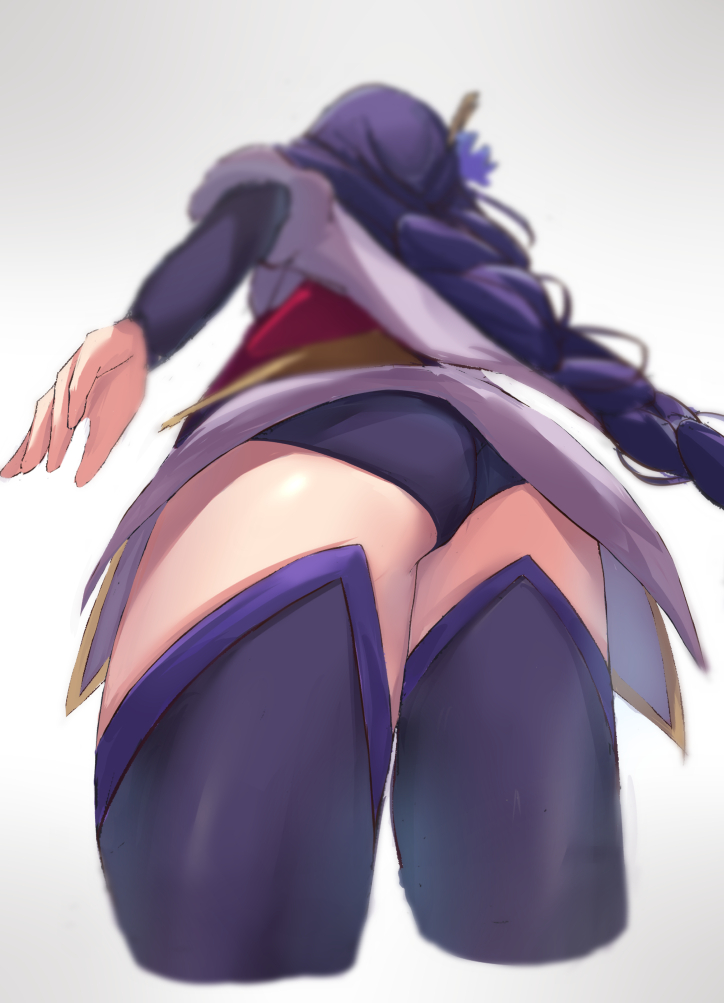 1girl ass blurry blurry_background braid commentary_request flower from_behind from_below genshin_impact hair_ornament japanese_clothes long_hair panties pokupo_fujiwara purple_flower purple_hair raiden_(genshin_impact) simple_background solo thigh-highs thighs underwear