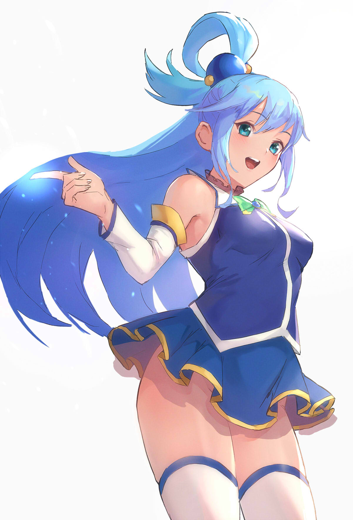 1girl aqua_(konosuba) blue_eyes blue_hair blue_skirt blue_stripes blush breasts detached_sleeves groin highres kono_subarashii_sekai_ni_shukufuku_wo! long_hair looking_at_viewer medium_breasts no_panties otsukemono pointing_to_the_side ponytail revision skirt smile solo thigh-highs thighs white_background white_legwear zettai_ryouiki