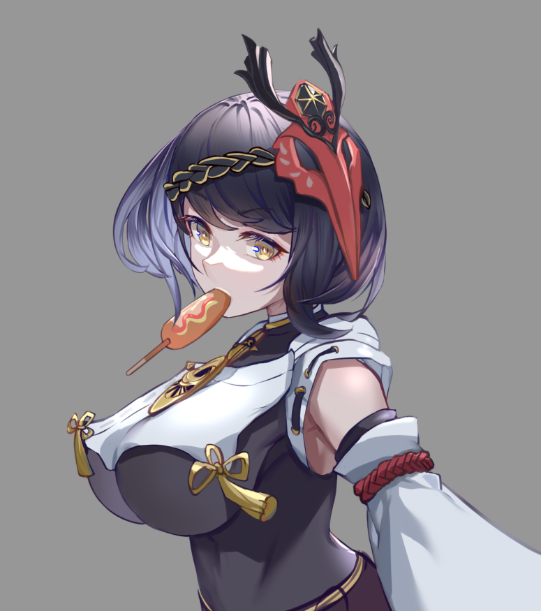 1girl bare_shoulders black_hair breasts corn_dog detached_sleeves food_in_mouth genshin_impact kujou_sara large_breasts long_sleeves mask outstretched_arm qingjiao_rou_si short_hair tengu_mask upper_body yellow_eyes