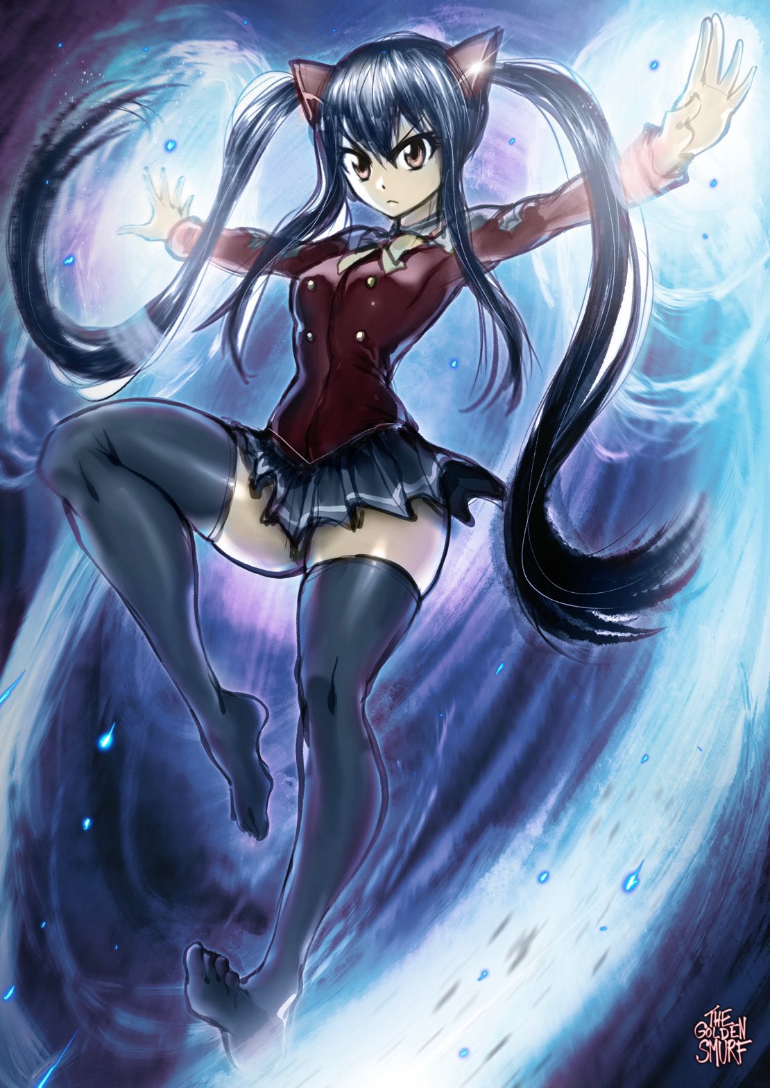 1girl artist_name blue_hair breasts brown_eyes eyebrows_visible_through_hair fairy_tail hair_between_eyes highres long_hair long_sleeves medium_breasts outstretched_arms skindentation skirt solo the_golden_smurf thigh-highs twintails watermark wendy_marvell zettai_ryouiki