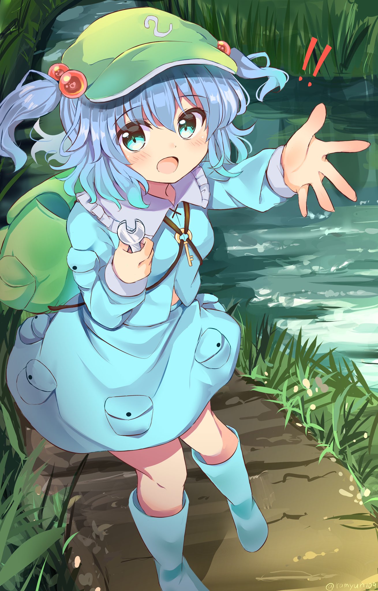 1girl backpack bag bangs blue_eyes blue_footwear blue_hair blue_shirt blue_skirt boots eyebrows_visible_through_hair flat_cap full_body grass green_bag green_headwear hair_bobbles hair_ornament hat highres holding holding_wrench kawashiro_nitori key long_sleeves looking_at_viewer open_mouth outdoors pocket ramudia_(lamyun) river rubber_boots shirt short_hair skirt solo standing touhou two_side_up wrench