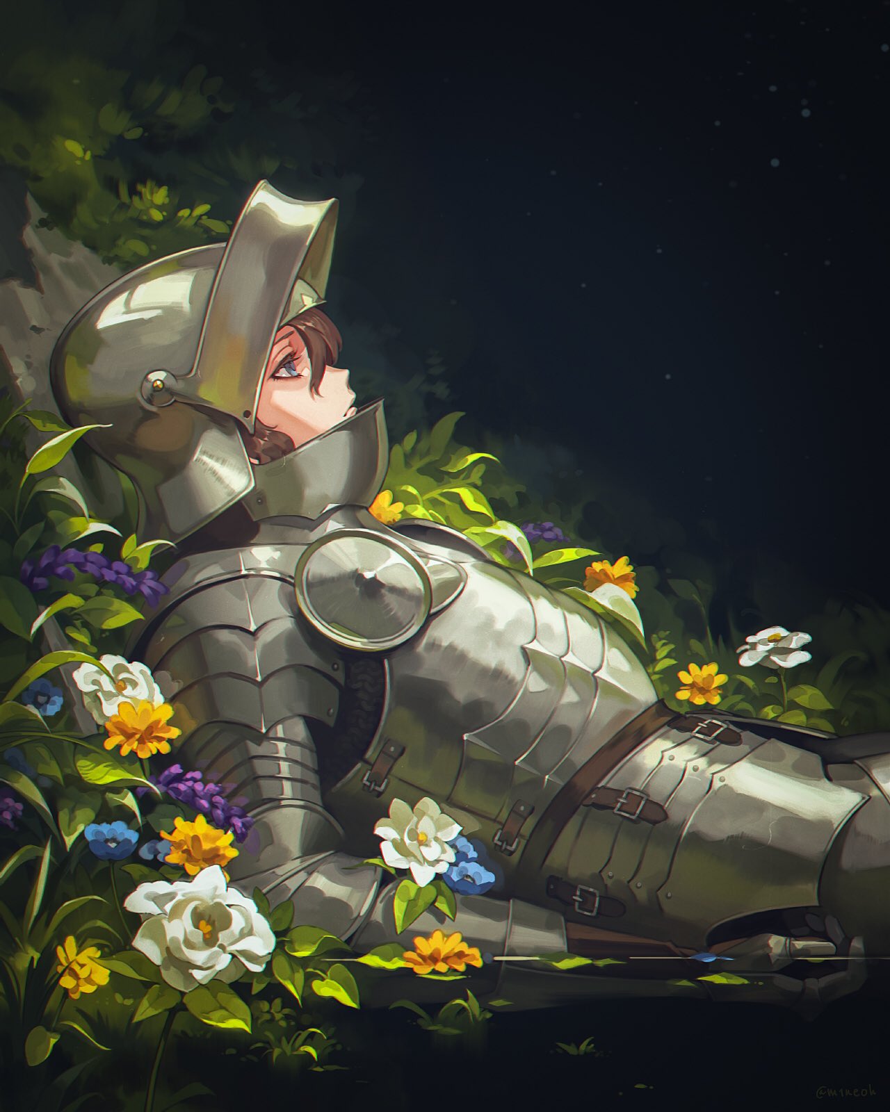 1girl armor bangs black_background blue_flower blurry breastplate brown_hair commentary_request flower from_side full_armor gauntlets gradient gradient_background green_background helm helmet highres jiro_(ninetysix) looking_up lying on_back original plate_armor profile shiny solo twitter_username upper_body visor_(armor) water white_flower