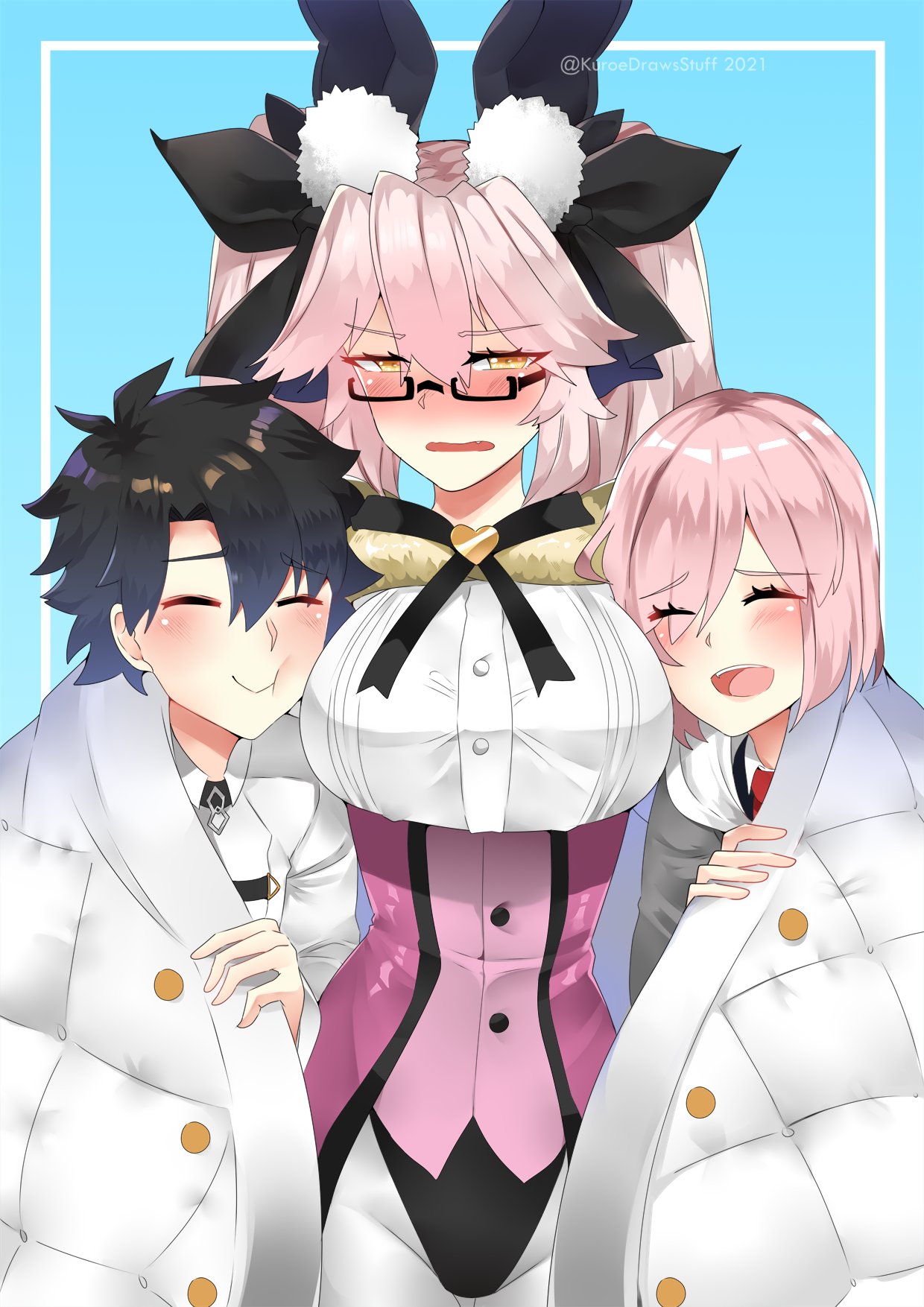 1boy 2021 2girls animal_ear_fluff animal_ears bangs black-framed_eyewear black_bow black_hair blush bow breasts buttons chaldea_uniform cloak closed_eyes closed_mouth commentary corset dress_shirt english_commentary eyebrows_visible_through_hair eyes_visible_through_hair fake_animal_ears fate/grand_order fate_(series) fox_girl fujimaru_ritsuka_(male) fur-trimmed_cloak fur_trim glasses grey_jacket hair_between_eyes hair_bow highres jacket koyanskaya_(fate) kuroeart large_breasts long_hair long_sleeves mash_kyrielight multiple_girls necktie open_mouth pantyhose pink_hair playboy_bunny rabbit_ears red_neckwear shirt short_hair sidelocks smile tamamo_(fate)_(all) twintails twitter_username underbust uniform very_long_hair white_jacket white_legwear white_shirt yellow_eyes