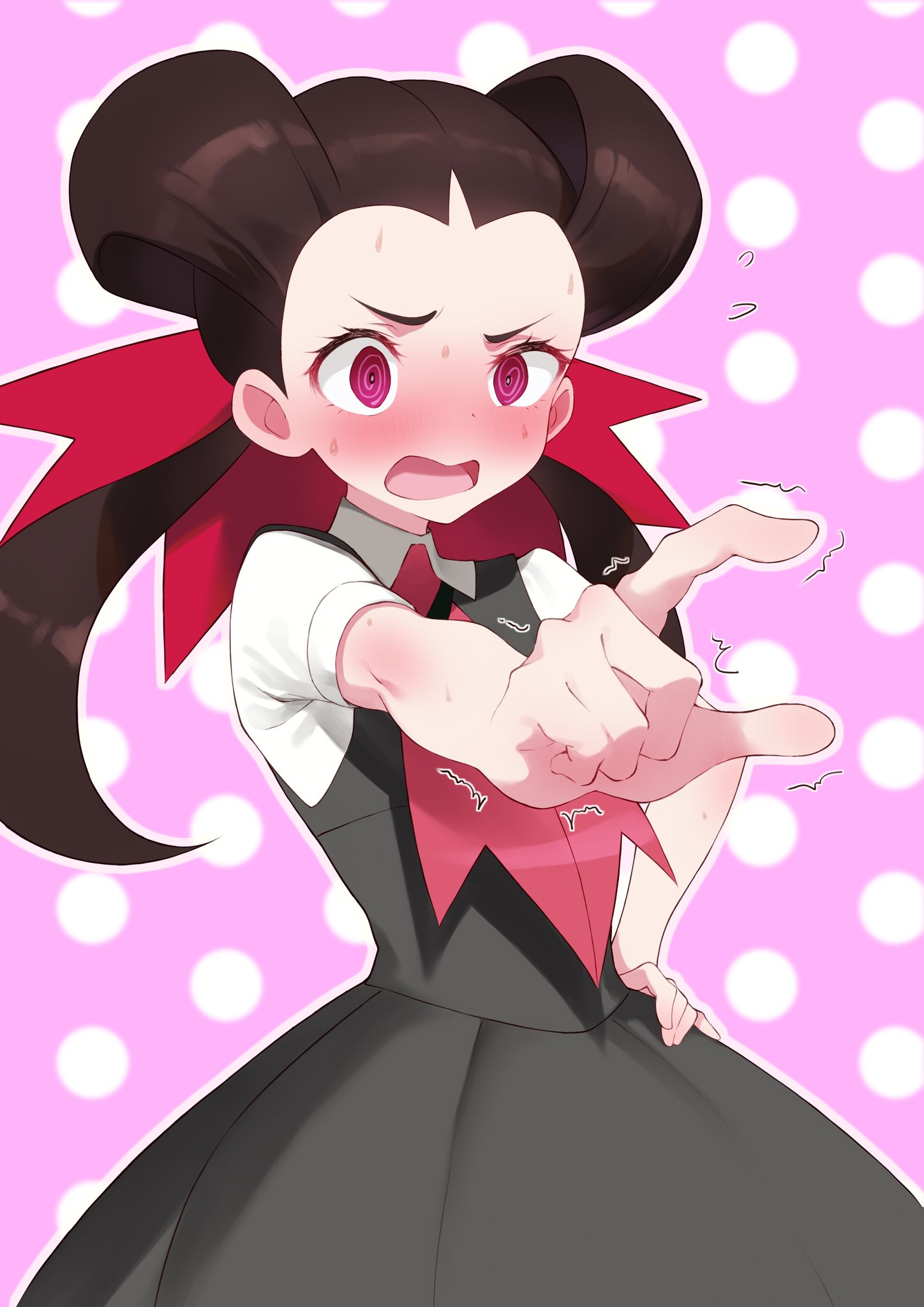 1girl @_@ blush brown_hair collared_shirt commentary_request dress eyelashes flying_sweatdrops grey_dress gym_leader hair_ribbon hand_on_hip highres long_hair momihige open_mouth outline pink_neckwear pointing pokemon pokemon_(game) pokemon_oras polka_dot polka_dot_background purple_background red_ribbon ribbon roxanne_(pokemon) shirt short_sleeves solo sweat tongue trembling twintails violet_eyes white_shirt