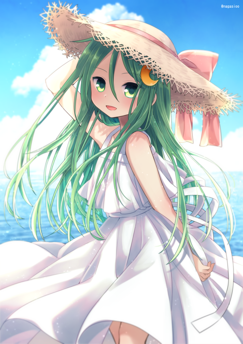 1girl blush clouds cloudy_sky crescent crescent_hair_ornament day dress eyebrows_visible_through_hair feet_out_of_frame green_eyes green_hair hair_ornament hat highres kantai_collection long_hair looking_at_viewer nagasioo nagatsuki_(kancolle) open_mouth sky sleeveless sleeveless_dress smile solo sun_hat sundress twitter_username white_dress