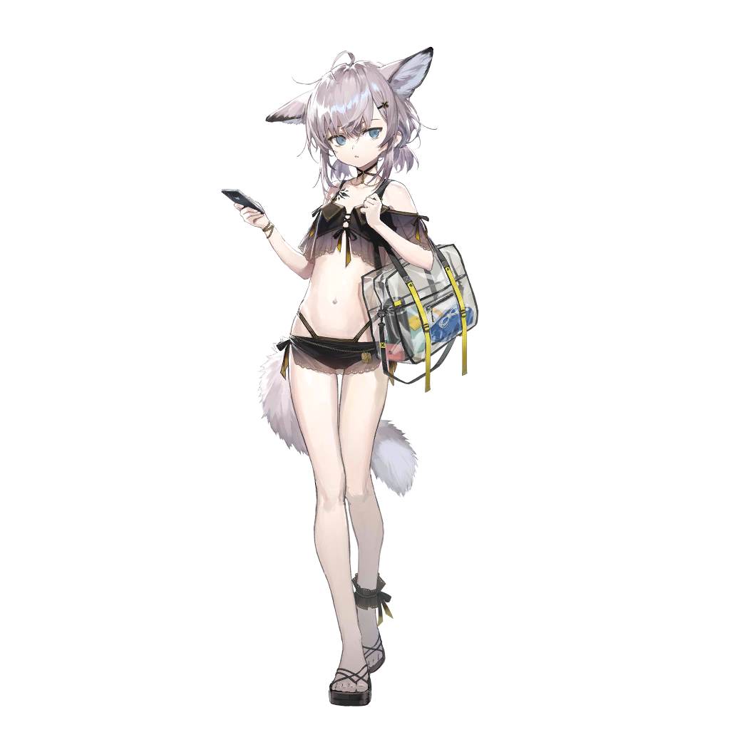 1girl :o ahoge animal_ears arknights bag bikini black_bikini black_footwear brown_hair cellphone extra_ears fox_ears fox_girl fox_tail full_body game_cg hair_between_eyes holding holding_phone looking_at_viewer navel non-web_source official_art oripathy_lesion_(arknights) phone sandals sho_(sho_lwlw) short_hair short_twintails shoulder_bag smartphone solo standing stomach sussurro_(arknights) sussurro_(summer_flowers)_(arknights) swimsuit tachi-e tail transparent_background twintails