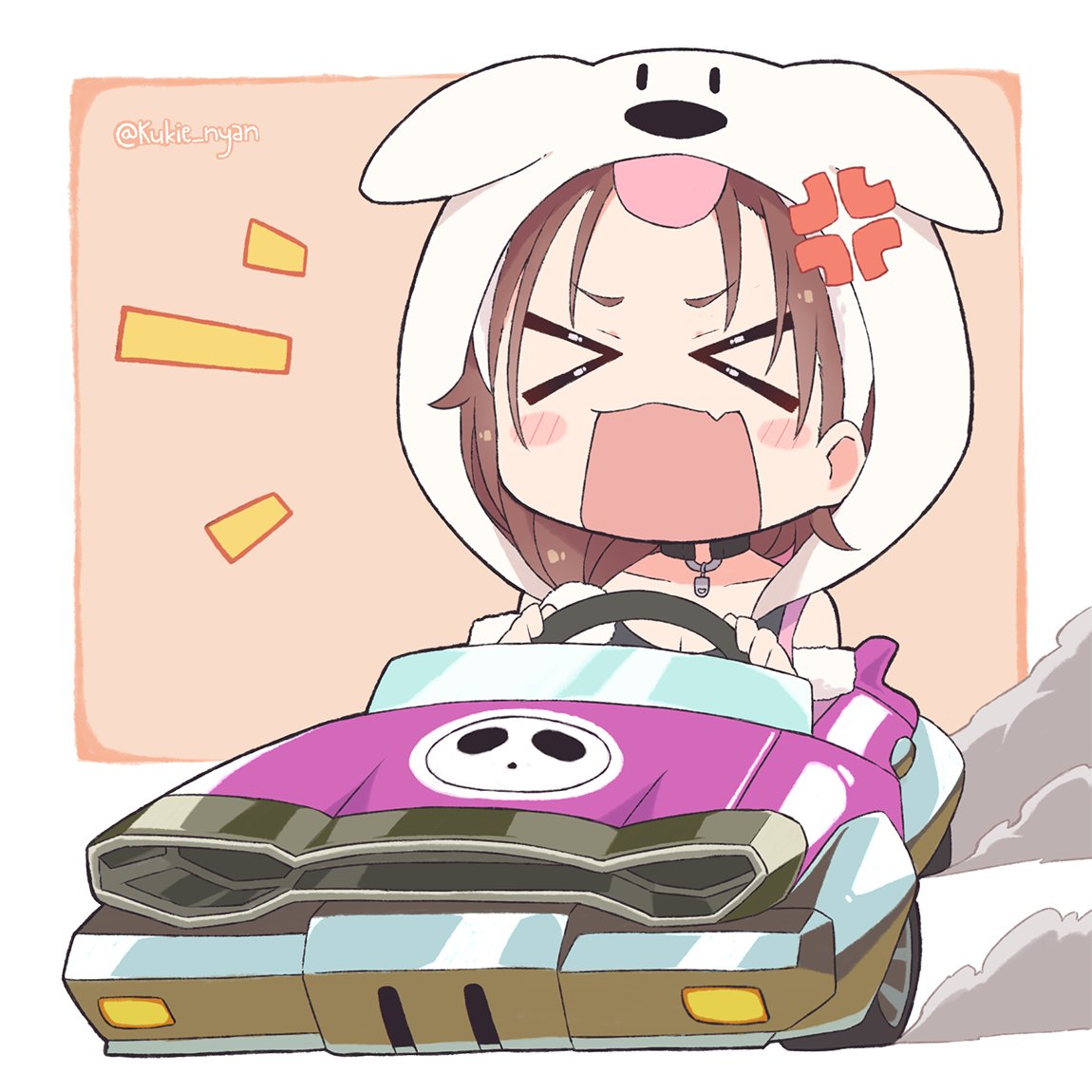 1girl anger_vein animal_ears brown_hair collar dog_ears dog_girl hololive hood hoodie inugami_korone kukie-nyan mario_kart pink_background