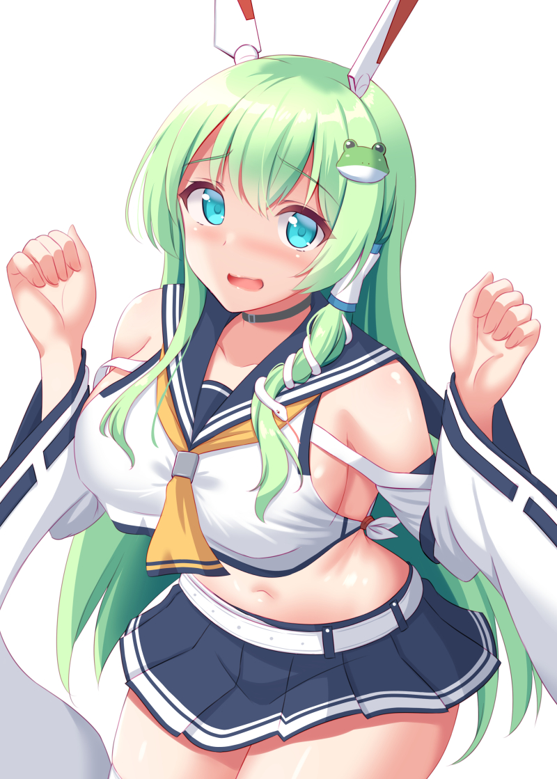 1girl ayanami_(azur_lane) ayanami_(azur_lane)_(cosplay) azur_lane bangs bare_shoulders belt black_choker blue_eyes blue_sailor_collar blue_skirt blush breasts choker collarbone commentary_request cosplay cowboy_shot crop_top detached_sleeves eyebrows_visible_through_hair frog_hair_ornament green_hair hair_between_eyes hair_ornament hair_tubes headgear kochiya_sanae large_breasts long_hair looking_at_viewer miniskirt navel neckerchief open_mouth pleated_skirt retrofit_(azur_lane) reward_available sailor_collar shirt sideboob sidelocks simple_background skindentation skirt sleeveless sleeveless_shirt snake_hair_ornament solo standing stomach thigh-highs tokyo_yamane touhou w_arms white_background white_belt white_legwear white_shirt white_sleeves wide_hips yellow_neckwear zettai_ryouiki