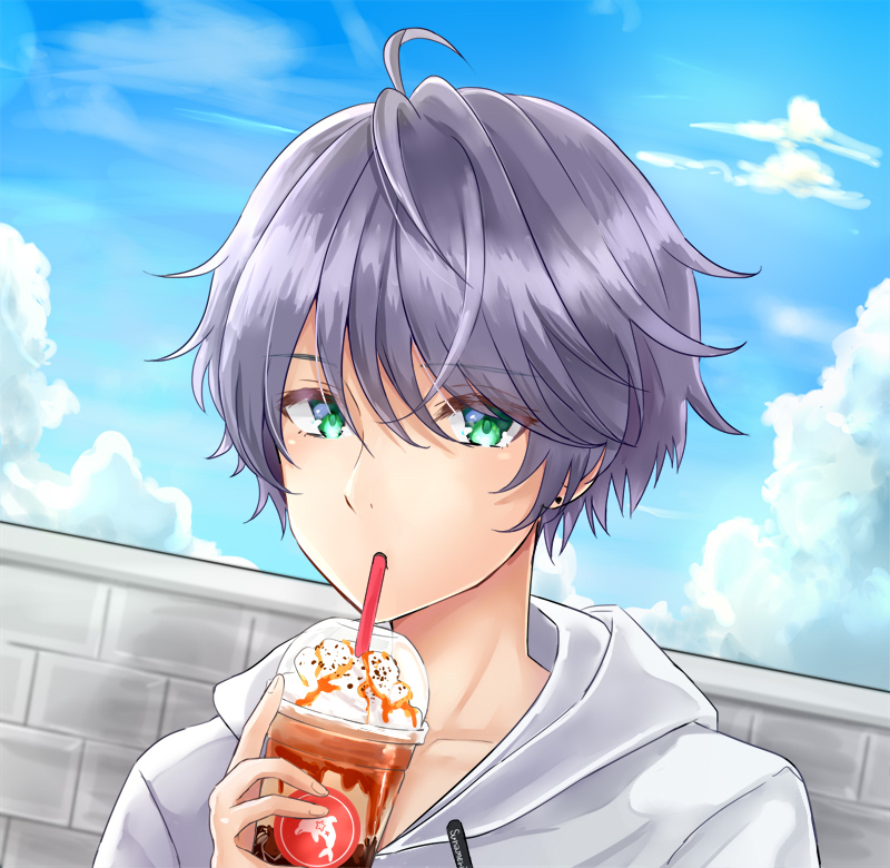 1boy ahoge bangs blue_sky blush brick_wall clouds collarbone commentary_request cup day drawstring drinking_straw eyebrows_visible_through_hair green_eyes hair_between_eyes hand_up holding holding_cup hood hood_down hoodie male_focus original outdoors purple_hair sky solo sunameri_(pixiv3564245) upper_body white_hoodie