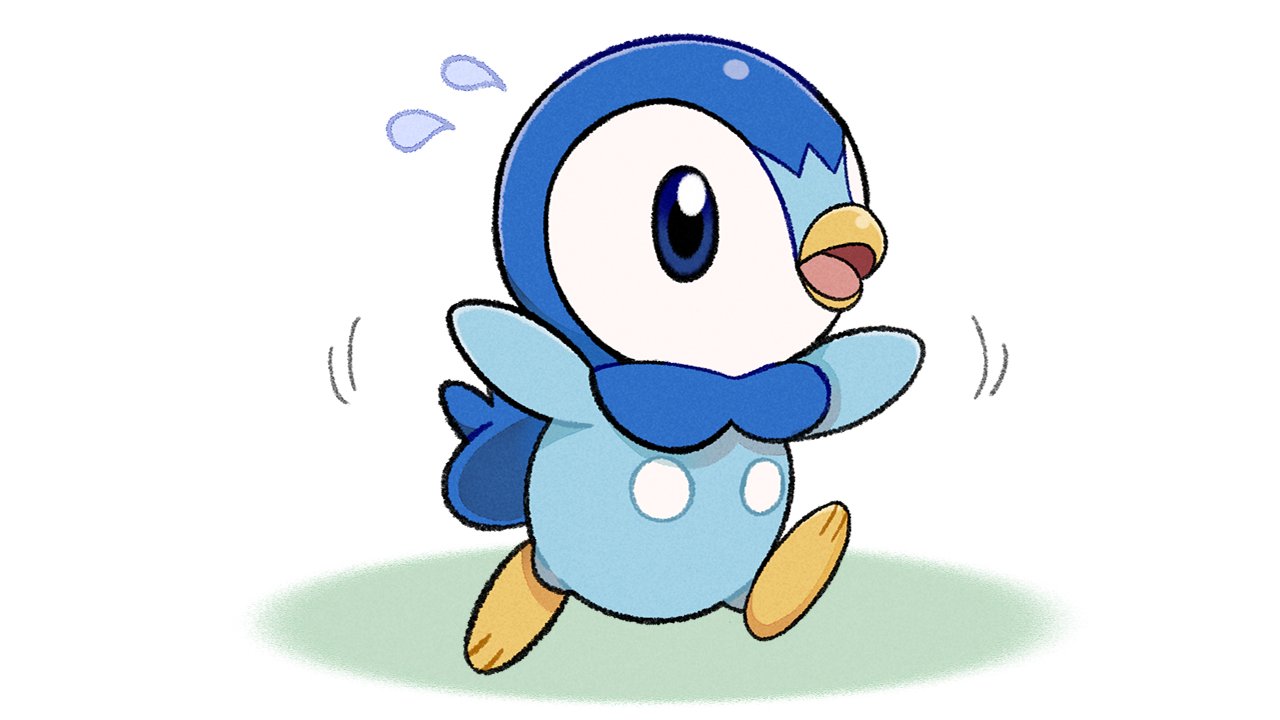 blue_eyes commentary_request flapping flying_sweatdrops full_body gen_4_pokemon leg_up no_humans official_art open_mouth outstretched_arms piplup pokemon pokemon_(creature) prj_pochama solo toes tongue white_background