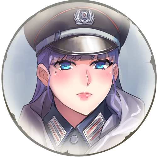 1girl bangs blue_eyes border closed_mouth company_of_heroes german_army hair_between_eyes hat lipstick long_hair lowres makeup military military_coat military_hat military_jacket military_uniform mole mole_under_eye original solo star_(symbol) uniform v-shaped_eyebrows violet_eyes world_war_ii zhainan_s-jun