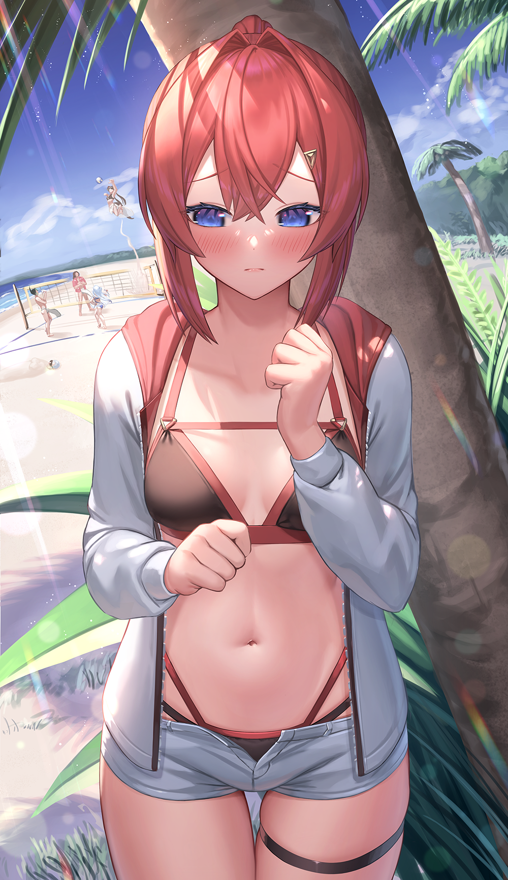 5girls ange_katrina bangs beach beach_volleyball belmond_banderas bikini bikini_under_clothes black_bikini blue_eyes blush breasts closed_mouth commentary_request commission cowboy_shot day eyebrows_visible_through_hair hair_between_eyes hair_intakes hanabatake_chaika highres hood hood_down hooded_jacket inui_toko jacket jumping lize_helesta long_sleeves multi-strapped_bikini multiple_girls navel nijisanji open_clothes open_jacket outdoors palm_tree redhead short_hair short_shorts shorts skeb_commission small_breasts solo_focus standing stomach suraimu_(suraimuraimu) swimsuit thigh_gap thigh_strap tree virtual_youtuber volleyball_net white_jacket white_shorts