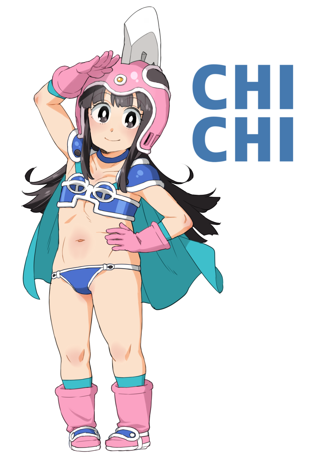 1girl arm_up armor armpits bikini bikini_armor black_eyes black_hair blue_bikini boots breasts cape character_name chi-chi_(dragon_ball) choker dragon_ball dragon_ball_(classic) gloves green_cape hand_on_hip highres legs long_hair looking_at_viewer navel pauldrons pink_footwear pink_gloves salute shoulder_armor simple_background small_breasts smile solo swimsuit thighs wakaho_riku white_background
