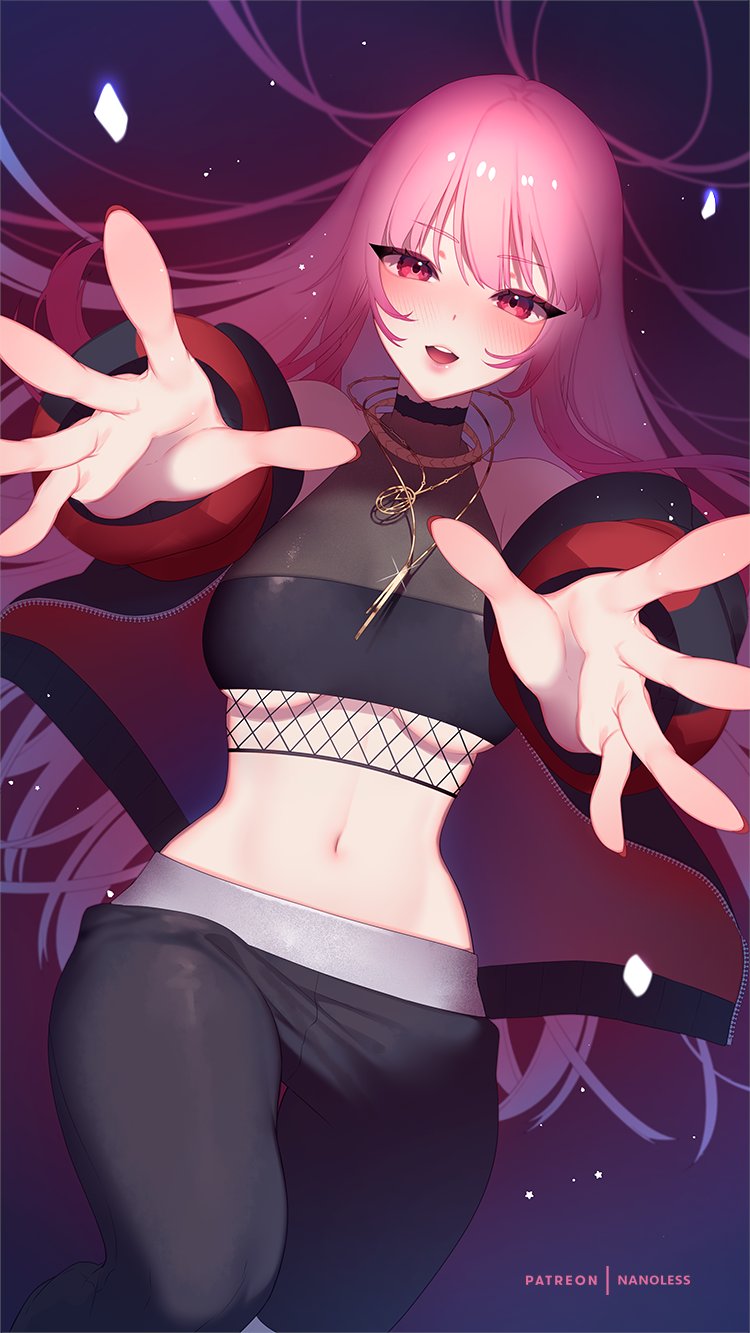1girl artist_name bangs black_legwear blush breasts english_commentary eyebrows_visible_through_hair halter_top halterneck highres hololive hololive_english jewelry leggings long_hair medium_breasts mori_calliope nanoless navel necklace open_hands open_mouth pink_hair red_eyes smile solo under_boob virtual_youtuber