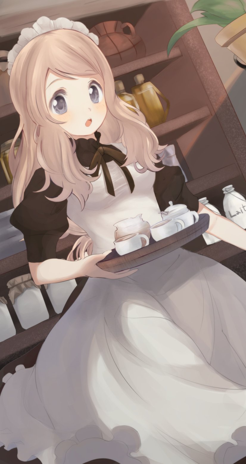 1girl alternate_costume apron bangs blonde_hair blush brown_dress cafe commentary_request cup dress enmaided eyebrows_visible_through_hair grey_eyes highres holding holding_tray indoors jar long_hair maid maid_headdress mug nasakixoc open_mouth plant pokemon pokemon_(game) pokemon_xy potted_plant serena_(pokemon) shelf short_sleeves solo teapot tongue tray white_apron
