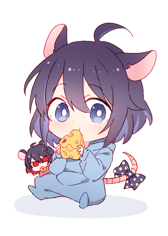 2girls 6_(yuchae) animal_ears antenna_hair bangs blue_eyes blue_hair cheese chibi dual_persona eating food food_in_mouth full_body hair_between_eyes holding holding_food honkai_(series) honkai_impact_3rd looking_at_viewer mouse_ears mouse_tail multiple_girls pajamas red_eyes redhead seele_(alter_ego) seele_vollerei simple_background tail white_background