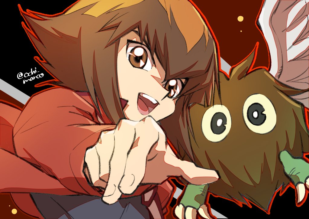 1boy bangs brown_eyes brown_hair duel_academy_uniform_(yu-gi-oh!_gx) flying hair_between_eyes jacket long_sleeves looking_at_viewer male_focus multicolored_hair ochi_marco open_clothes open_jacket open_mouth red_jacket school_uniform shirt short_hair smile two-tone_hair upper_body winged_kuriboh yu-gi-oh! yu-gi-oh!_gx yuuki_juudai