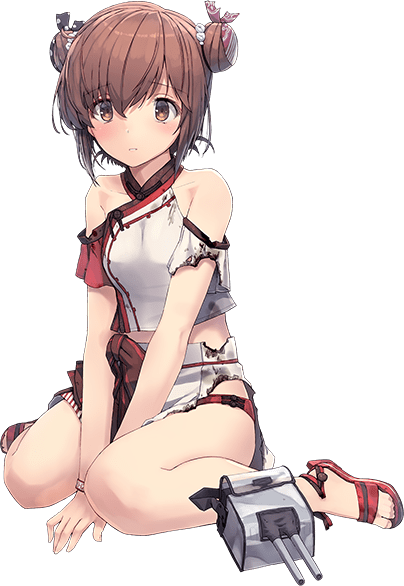 1girl armlet brown_eyes brown_hair double_bun dress full_body hair_ornament kantai_collection multicolored multicolored_clothes official_alternate_costume official_art red_shirt red_skirt remodel_(kantai_collection) sandals shirt shizuma_yoshinori sitting skirt tan_yang_(kancolle) transparent_background turret wariza white_shirt white_skirt yukikaze_(kancolle)