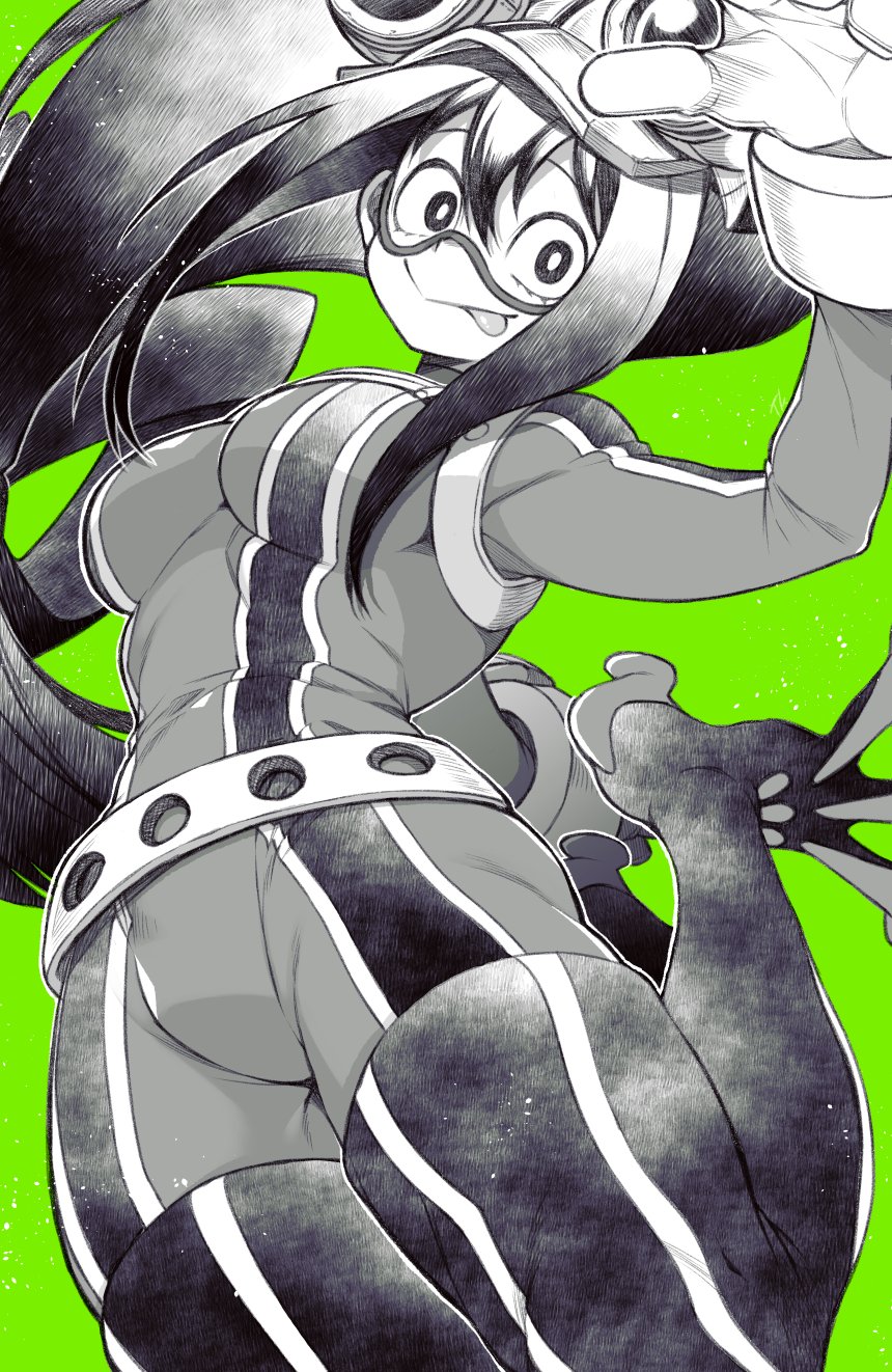 :&gt; asui_tsuyu bodysuit boku_no_hero_academia frog_girl goggles goggles_on_head green_background highres long_hair looking_at_viewer low-tied_long_hair partial_monochrome solo takatsuki_ichi tongue