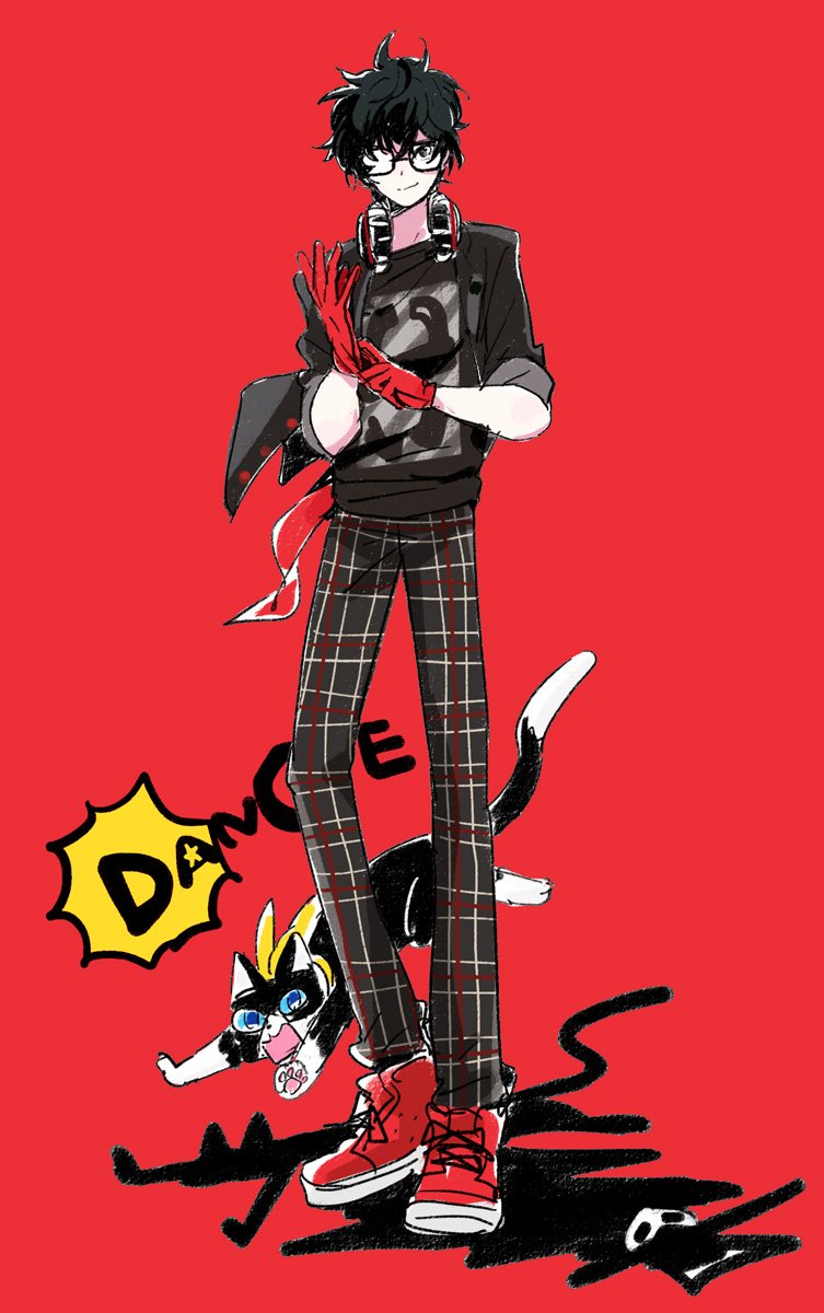 1boy adjusting_clothes adjusting_gloves amamiya_ren animal bangs black_cat black_eyes black_hair black_shirt cat glasses gloves headphones headphones_around_neck highres long_legs male_focus mokeo morgana_(persona_5) opaque_glasses pants partially_opaque_glasses persona persona_5 persona_5:_dancing_star_night persona_dancing plaid plaid_pants red_background red_footwear red_gloves shirt shoes simple_background sneakers standing