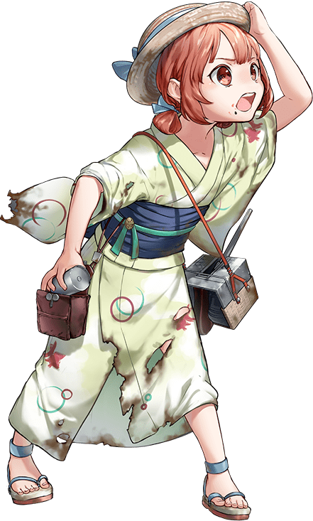 1girl burnt_clothes depth_charge food food_on_face full_body green_kimono hair_rings hat hozuka_(kadokawa) japanese_clothes kaiboukan_no._4_(kancolle) kantai_collection kimono low_twintails official_art open_mouth red_eyes redhead sandals seed torn_clothes turret twintails watermelon_seeds yukata